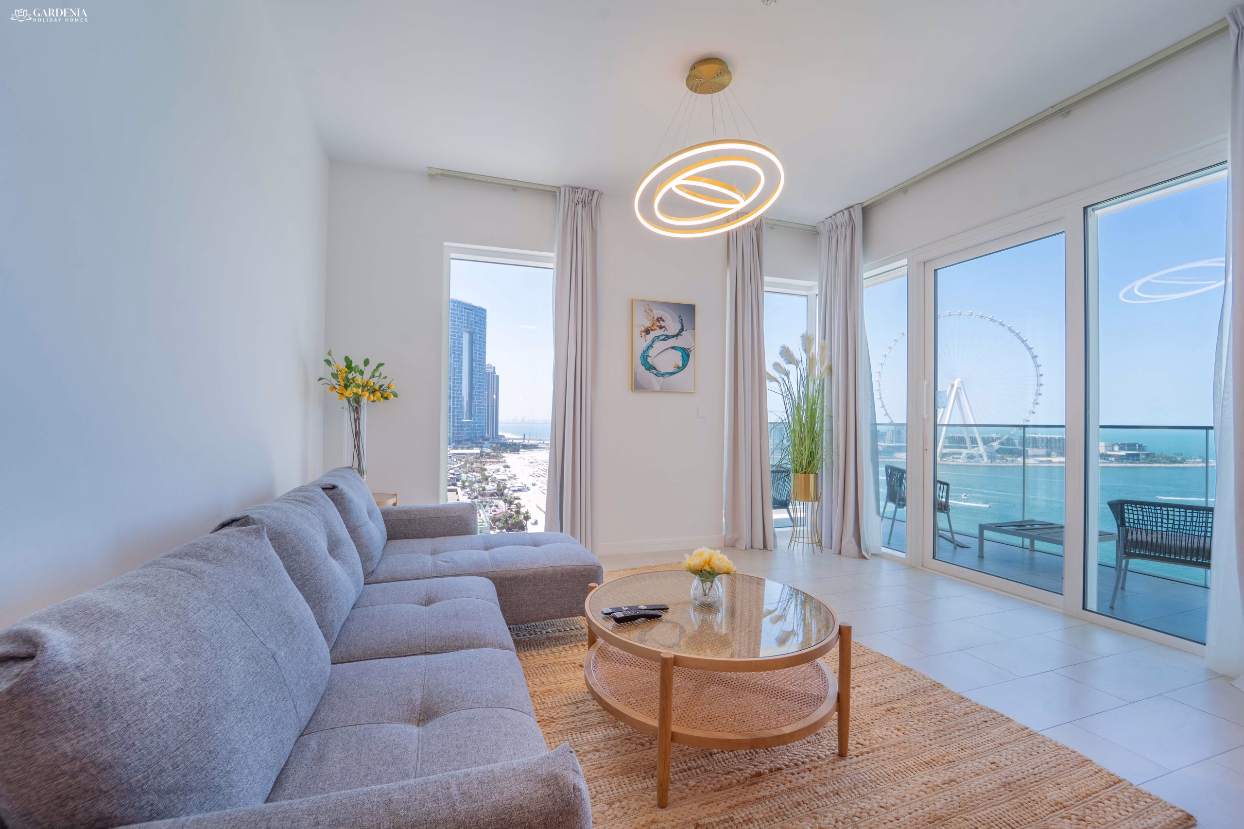 Dubai luxury stay with full sea view and iconic Ain Dubai visible from balcony